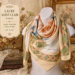 Vintage Laure Saint Clair Paris Hand Painted Soft Floral Silk Scarf 34x34